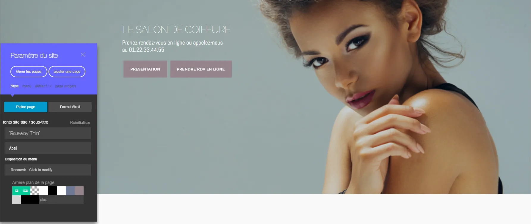 Éditeur du site web RDV360 : personnalisation du style et des pages du site d’un salon de coiffure