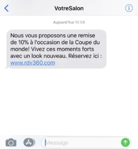 SMS d’un salon : remise de 10 % à l’occasion de la Coupe du monde, avec lien de réservation