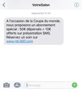 SMS d’un salon : abonnement spécial Coupe du monde, 10 € offerts dès 50 € dépensés