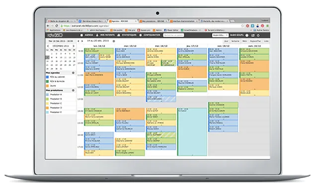 Agenda RDV360 d’un salon affiché sur un ordinateur portable, semaine remplie de rendez-vous