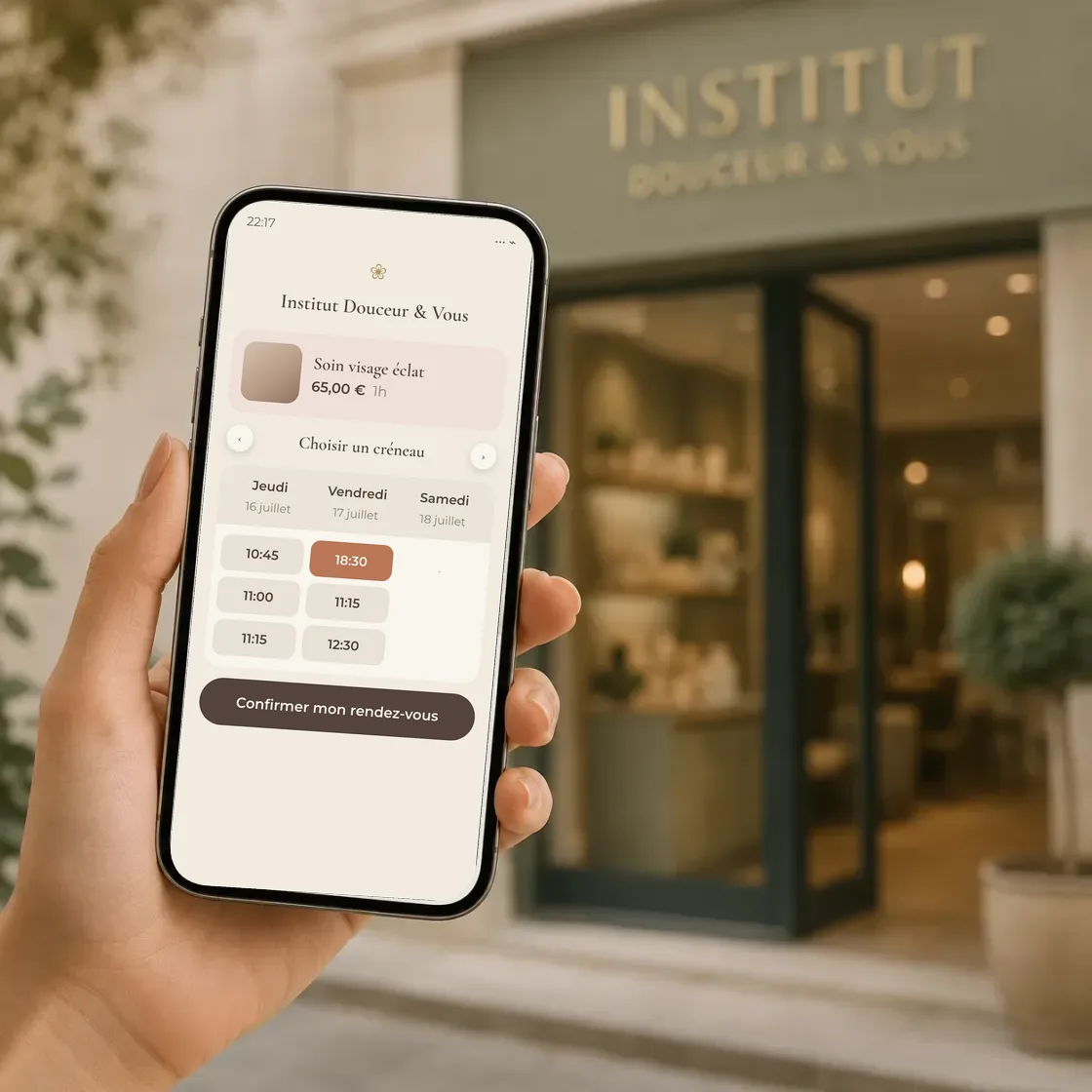 Une cliente choisit son créneau sur la page de réservation en ligne de l’institut, devant la devanture
