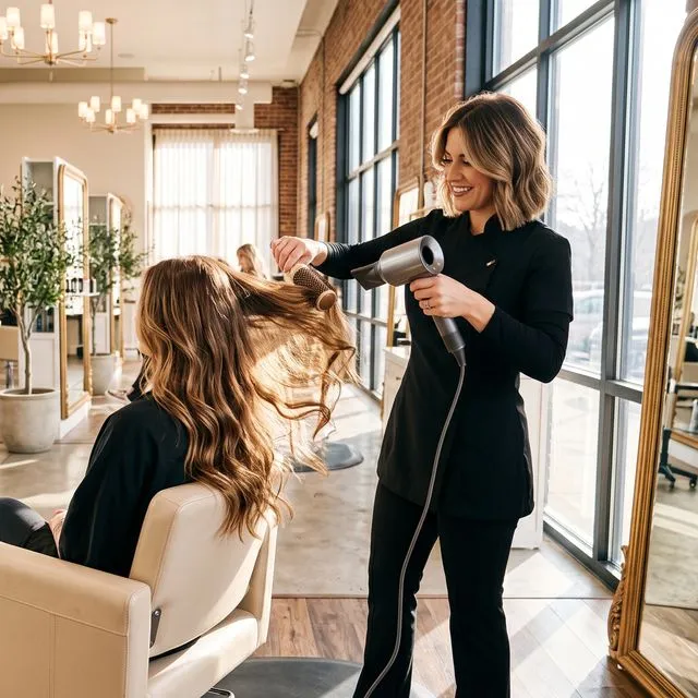 Une coiffeuse souriante fait le brushing d’une cliente aux longs cheveux ondulés, dans un salon baigné de lumière